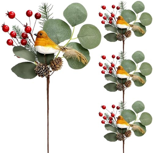 4 Pcs Robin Birds Picks with Berries Pine Cone, Christmas Tree Bird Pine Picks Artificial Christmas Robin Ornament for Xmas Decoration Holiday Party Wreath Garland Crafts