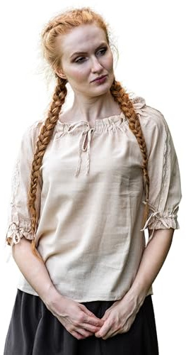 Leonardo Carbone® Damblus medeltida kortärmad blus Sandra | Justerbar dragsko | elegant spetsdekoration | karneval, halloween, cosplay, LARP, tunika, skjorta | 100 % bomull, Hampa, XXL