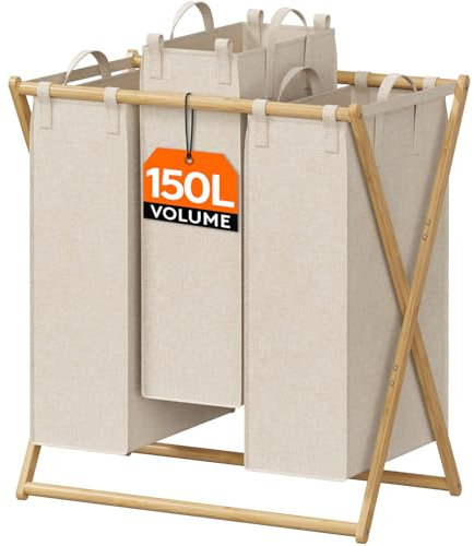 Lifewit 3 Fächer Faltbare 150L Wäschekorb Großer Bambus Frame Wäschesammler Wäschesack Faltbare Schmutzige Kleidung Sorter mit 3 Abnehmbaren Taschen，Wäschesortierer Bambus Beige