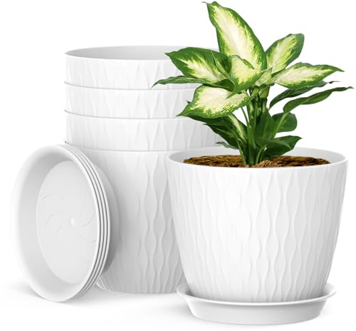 Homeuouz 17cm Plant Pots Indoor, 5 Pack Plastic Planters with Drainage Holes and Saucer, Decorative Stripe Grooves Flower Pots for Indoor Outdoor Houseplants（White）