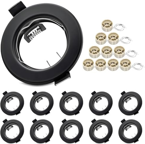 LteelDay 10 Pack Round Matte Black GU10 Recessed Downlight Frames | Fit 55-70mm Cut-Out | Inc. VDE GU10 Sockets & Clips | Compatible with LED & Halogen Bulbs (Bulbs Excluded)