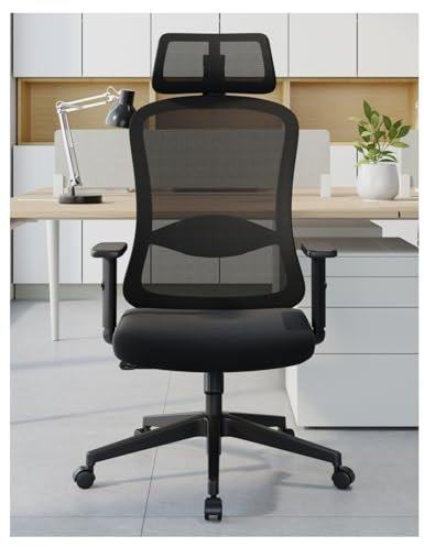 Eucladoceros Bürostuhl Ergonomisch Schreibtischstuhl, Drehstuhl mit Schaumstoff-Lendenkissen, Bürostühle mit Verstellbaren 2D Kopfstützen und Armlehnen, Chefsessel Bis 150KG/330LB (Schwarz)