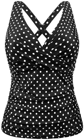 Firpearl Bathing Suit Tops for Women Large Bust Twist Front Swimsuits with Underwire Bra Support Push Up Tankini Top Black&White Polka Dot US16