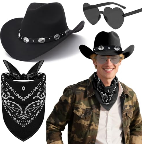 3 Pièces Kit Accessoires de Chapeau de Cowboy, Western Déguisement Set avec Cowboy Chapeau Lunettes de Soleil en Forme de Cœur Bandanas à Motif Cachemire pour Adultes Mascarades Halloween Fête