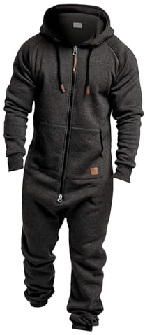 LGHLMCL Men's Hooded Jumpsuit Zip Up Long Sleeve One Piece Fleece Lined Onesie Overalls Rompers Outdoor Jogging Sweatsuits Dark Gray