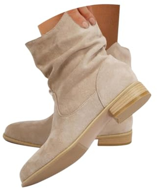 Minetom Donna Stivaletti Con Tacco A Blocco Casual Boots Corto In Pelle Scamosciata Cowboy Western Scarpe Slip-On A1 Albicocca 43 EU