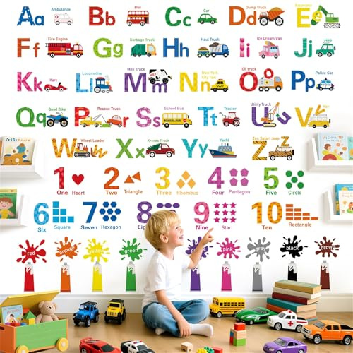 decalmile Transportfordon alfabet väggklistermärken inspirerande siffror bokstäver ABC väggdekaler barn lekrum skolbibliotek klassrum heminredning