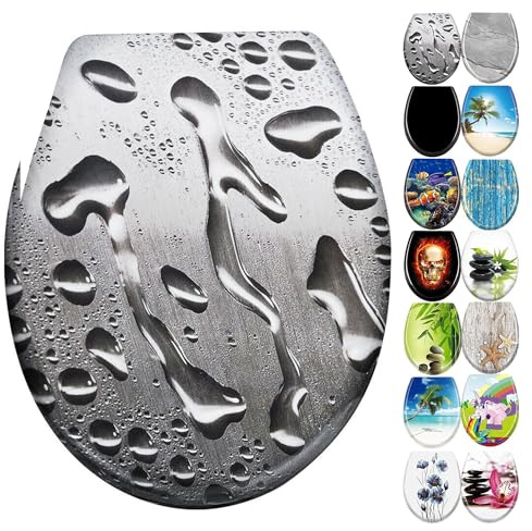 YZNAHRE WC-Sitz Toilettendeckel mit Soft-Close, Duroplast & Edelstahl, Antistatisch & Antibakteriell, Abnehmbar, Leicht zu Reinigen, 45x38 cm, Passend für Hänge-WC, Wassertropfen