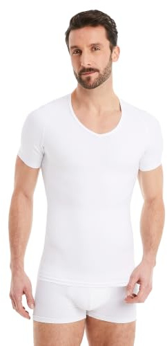 FINN Maglia Dimagrante Uomo con Scollo a V - Canottiera Snellente a Maniche Corte in Cotone - Camicia compressiva Body Shaper per Una Pancia più Piatta Bianco 3XL