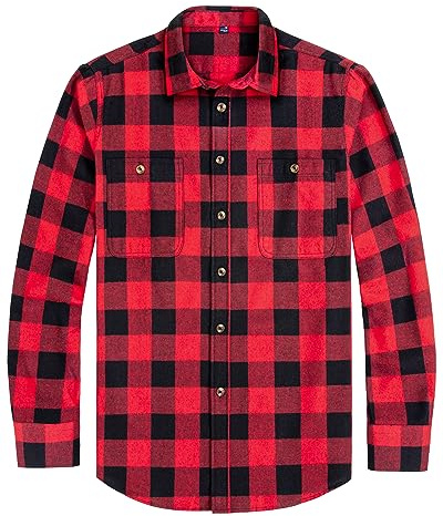 J.VER Men's Flannel Shirt Red Black Long Sleeve Cotton Checked Shirts Button Down Lumberjack Regular Fit Winter Warm Thick Plaid Shirt with Pockets XL