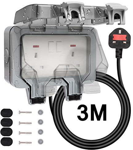 Outdoor Sockets Waterproof Double Socket, Weatherproof Outdoor Sockets with 3M Extension Cable IP66 Switched Wall Electrical Outlet 13A 2 Gang Power Socket,Garden Outside Plug Sockets Cover
