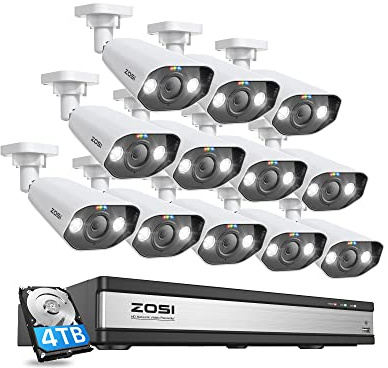 ZOSI 4K Kit de Videovigilancia PoE 12pcs Cámara de Seguridad con 16CH 8MP Grabador NVR y 4TB Disco Duro, Alarma de Movimiento, Visión Nocturna en Color, Audio Bidireccional