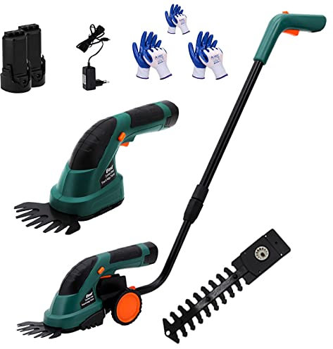 BeiLiHe Tijera cortacésped a batería, Cortasetos a batería, Cortasetos de Mano 2 en 1, cortacésped, Cortasetos, Incluye Mango telescópico y Ruedas para Correr