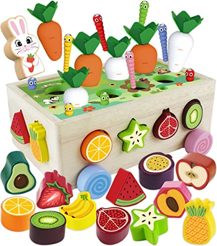 Airlab Montessori Jouet Lapin Bois Bébé, Jeu Magnétique Éducatif Sensoriel Enfant Garçon Fille 1 2 3 4+ Ans, Jouet à Empiler et de Tri, Récolte Carotte Fruit, Cadeau Pâques Anniversaire Halloween Noël