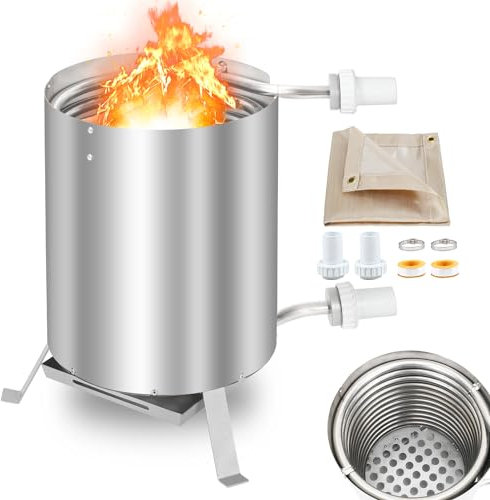 Gimisgu Brennholz Poolheizung, Poolheizung mit Feuer, Poolheizung Feuertonne, Edelstahl Pool beheizt Feuer Eimer 32/38mm Anschlüsse, 100% rostfreier Edelstahl mit Feuerfeste Matte und Tablett