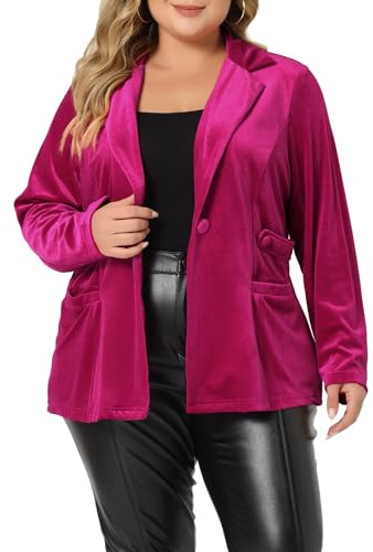 Agnes Orinda Plus Size Velvet Blazers for Women Vintage Party Button Notched Lapel Casual Blazer Velvet Jacket 3X Hot Pink