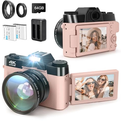 SOPPY 4K WiFi-digitalkamera, 48 MP SD 32G videokamera, 180° 3-tums IPS-skärm, makrovidvinkelobjektiv, 16x zoom, 2 batterier