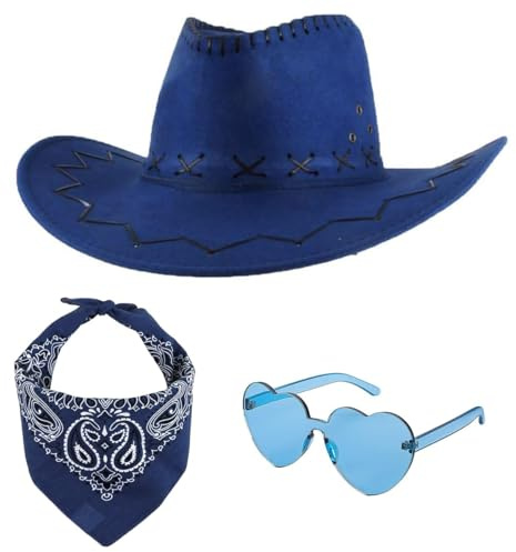 Carnavalife Sombrero Cowboy Cowgirl de Vaquero+Pañuelo Bandanas Paisley de Algodón+Gafas de Corazon, Western Occidental Oeste Country Disfraz para Adulto y Niños para Fiesta y Cumpleaños (54cm, Azul)