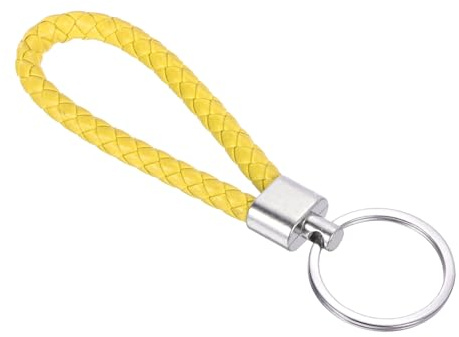 PATIKIL Geflochtener Leder-Schlüsselanhänger mit Edelstahl-Schlüsselring, PU-gewebtes Handgelenk-Lanyard-Band Fob-Schlüsselringhalter für Auto, Tasche, Geldbörse, Anhänger, Gelb