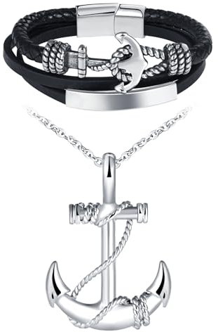 INFINIONLY Herren Edelstahl Anker Halsketten und Armbänder Schmuck-Sets Mode Ketten mit Anker Anhänger Klassisches Mehrlagiges Geflochtenes Leder Armband mit Anker und Edelstahl Schließe