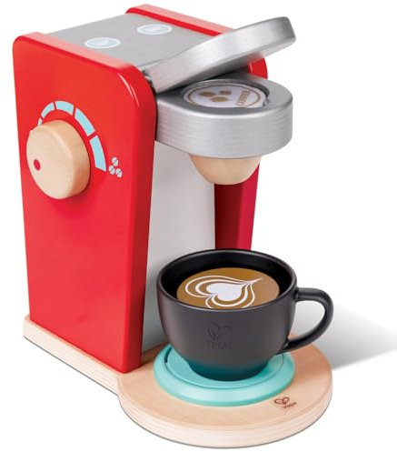 Hape: Cafe Kaffeemaschine – Rot – Küchengerät aus Holz, realistische Soundeffekte & Funktionen, Kaffeebohnendruck, Barista Pretend Play, Kinder ab 3 Jahren
