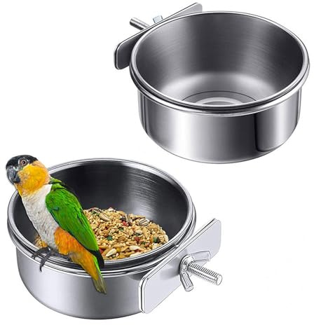 Vueinrg 2 Piezas 12cm Comedero Pajaros Jaula Tazas de Plato de Alimentación de Acero Inoxidable Comedero Loro con Soporte de Pernos Cuenco Colgante para Agua para Animal Pequeño