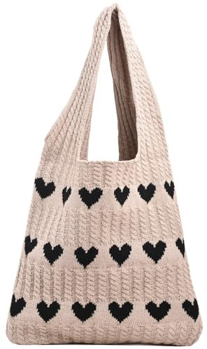 ibalulu Strandtasche Tote Bag Umhängetasche Damen Handtasche Gestrickte Tasche Shopper Tasche Damen-Strick-Love-Häkeltasche Schultertasche für Einkaufen Urlaub Reise (Khaki)