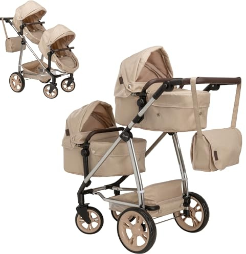 Premium Celuna Total Twin - Cochecito y Sistema de Juego Con 9 Patrones | Cochecito Doble Para Muñecas, Asa de Altura Ajustable y Múltiples Opciones de Asiento | 3+