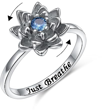 Just Breathe - Anello da donna in argento Sterling 925, con fiore di ossidazione, per ansia, stress, ADHD, autismo, yoga, idea regalo, R 1/2, Argento sterling, Zirconia cubica