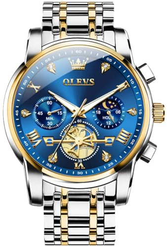 OLEVS Mens Watches Luxury Gold Silver Stainless Steel Men's Chronograph Watch Big Face Blue Roman Numerals Tourbillon Dial Watch Men Classic Diamond Waterproof Luminous Analog Quartz Watches for Men