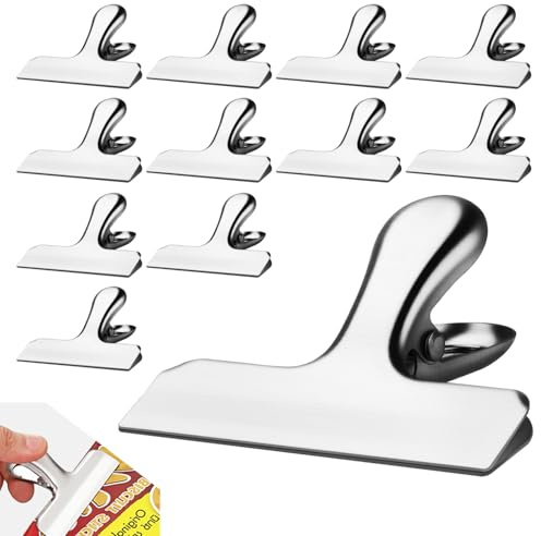 jwtyu Lot de 12 pinces de fermeture en acier inoxydable pour sachets - 78 mm - Clips de fermeture en métal - Pour sceller et conserver la cuisine, le bureau, la maison, les photos