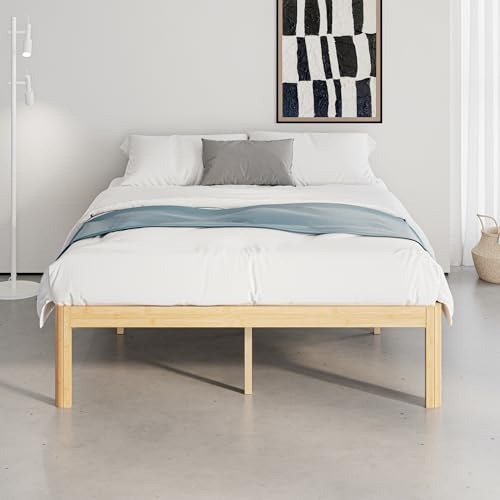 QFtime Bamboo Wood Double Bed Frame, Platform Bed Frame Double with Metal Slats Support, Easy to Install, Noise Free, Sturdy, 44 cm High