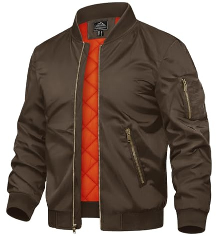 TACVASEN Giacca da uomo per le mezze stagioni giacca bomber giacca college giacca da aviatore giacca basic per il tempo libero con tasche con cerniera, caffè, 3XL