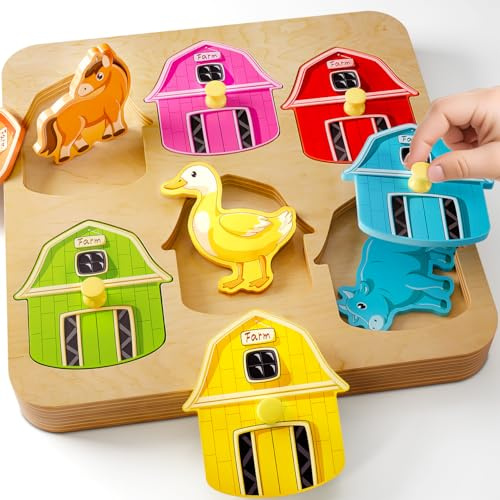 Farm Animal Peg Puzzles Wooden Toys for 1 Year Old: Montessori Toys for Boys Girls Baby 12-18 Months Birthday Gifts Present - Educational Learning Toys for Toddlers Age 1 2 3