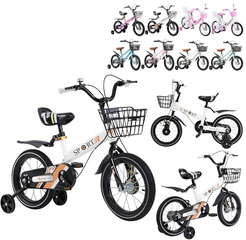 XUANYU 14 Pouces Vélo Enfant avec Panier, Roues Stabilisatrices et Garde-chaîne, Vélo pour Garçons et Filles de 3 à 5 Ans (Blanc)