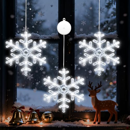 IWTBNOA Iluminación navideña para ventana interior, 3 unidades, LED, decoración navideña, funciona con pilas, copo de nieve, iluminación navideña con ventosas, luz de Navidad para balcón, decoración