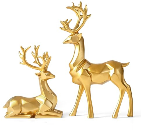 Rppiup 2PCS Reindeer Christmas Decorations, Deer Statue Gold Christmas Decorations Nordic European Style, Resin Sitting Standing Reindeer Christmas Ornaments for The Home Living Room Office Decoration