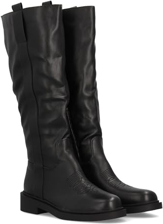 shoes&blues.es 97339 Bota Alta para Mujer Cowboy con Detalle de Bordado Frontal, Paneles Elasticos y Suela Plana. Ideal Temporada Otono Invierno. Negro Talla 38