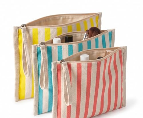 Neceser Playa Mujer. Set de 3 Neceser Mujer de Algodón Reciclado de 180g con Rayas y Cremallera, Neceser Maquillaje y Neceser de Viaje Mujer para Playa, Vacaciones y Uso Diario.