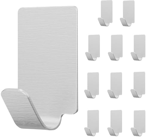 AOMEES 12PCS Self Adhesive Hooks, Heavy Duty Wall Hooks, Waterproof Stick On Hooks Stainless Steel, Sticky Hooks for Hanging Coat Towel, Perfect for Bathroom Kitchen