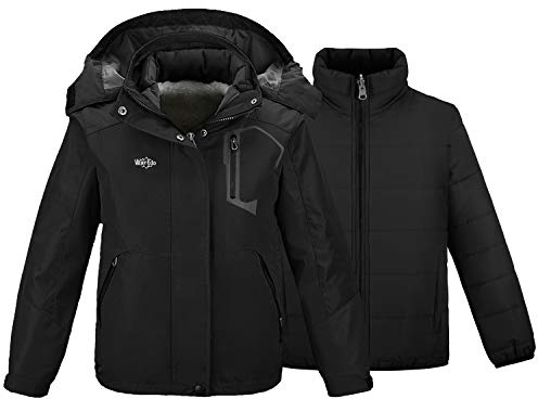 wantdo Little Kid Girl's 3 in 1 Ski Jacket with Removable Inner Warm Fleece Coat Waterproof Black 6-7