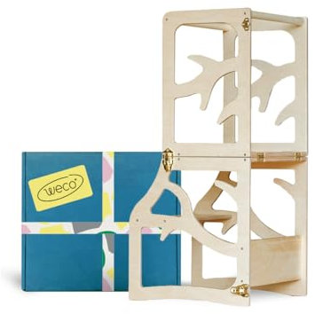 Weco Montessori Kinder Lernturm 2 in 1 Baum Design Tritthocker FSC Zertifikat Schreibtisch Montessori Möbel Küchenhelfer klappbar Stylisch Lernturm (Lackiert)