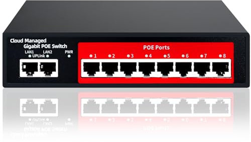 STEAMEMO 10-Port Gigabit Managed PoE Switch - 8 PoE+ Ports (120W Total), 2 Gigabit Uplinks, VLAN, Fanless, Plug & Play, Sturdy Metal, Desktop/Wall-Mountable