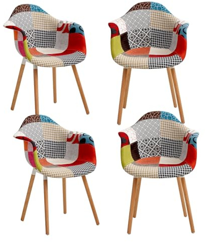 HJhomeheart Juego de 4 Sillas de Comedor de Tela Patchwork con Reposabrazos, Sillón de Diseño Moderno, Silla de Cocina de Madera de Haya Escandinava (A5-Rojo)