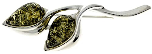 925 Sterling Silver & Genuine Green Baltic Amber Jewellery - 2 Teardrop Classic Brooch GL821G