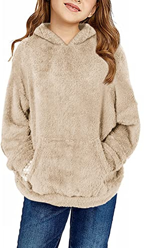 Runcati Sudadera para Niñas Sudadera con Capucha Fuzzy Teddy Forro Polar Sudaderas con Capuza y Bolsillos Tiempo Libre Cálida Niños Hoodies, caqui, 6-7 años