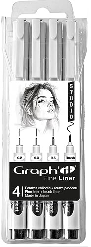 GRAPH'IT Fine Liner Studio 3er Pack (0,2-0,3-0,5) + 1 Liner Brush Pinselspitze, Pigmenttinte auf Wasserbasis, lichtecht und schrubbfest