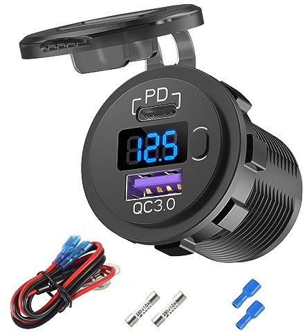 Presa di corrente per auto 12V USB C, sostituzione accendisigari 38W 12V USB con porta USB per auto PD 3.0 e QC 3.0, presa USB impermeabile da 12 volt con interruttore di alimentazione e voltmetro