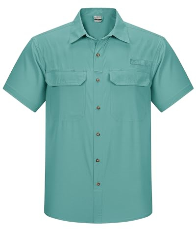 Outdoor Ventures Chemise à manches courtes pour homme - Protection UV - Imperméable - Séchage rapide - Pour la randonnée, la pêche, les voyages, le safari, Bleu sarcelle, XXL