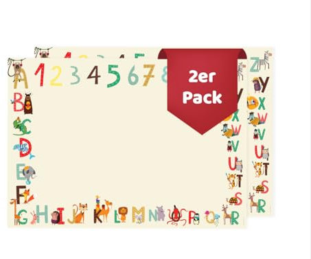 Friendly Fox ABC Schreibtischunterlage Papier, 2x DIN A2 Kinder Schreibtischunterlage, 25 Blatt Block zum Malen und Schreiben Doppelpack mit Schutzleiste/Knickschutz